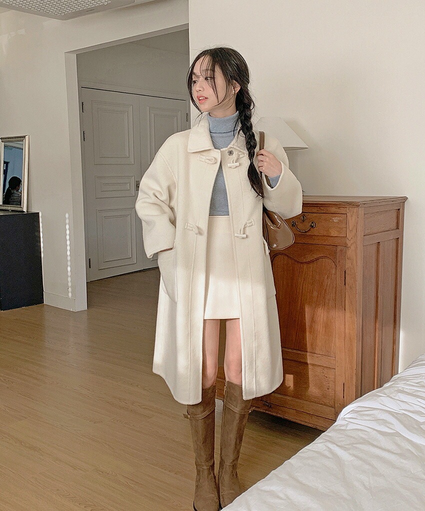 [メガ割りSALE]ウール混カラーネックルーズトグルボタンコート