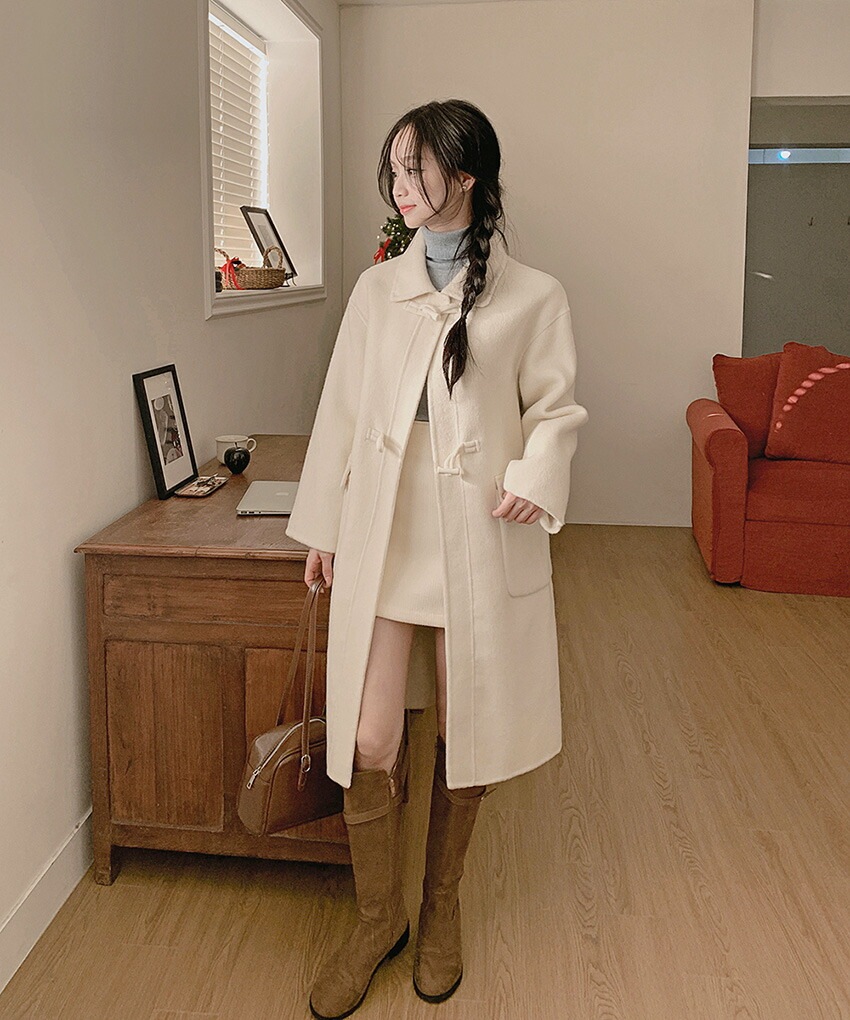 [メガ割りSALE]ウール混カラーネックルーズトグルボタンコート