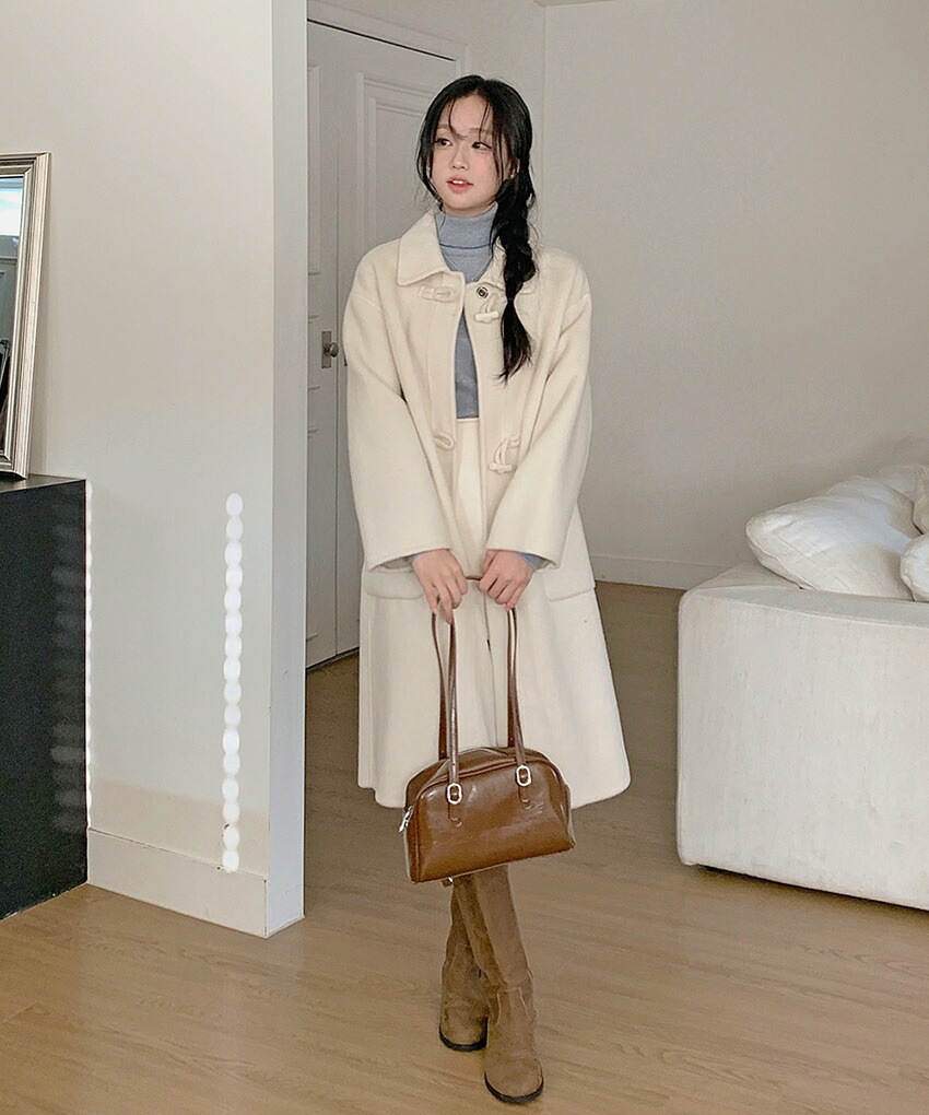 [メガ割りSALE]ウール混カラーネックルーズトグルボタンコート