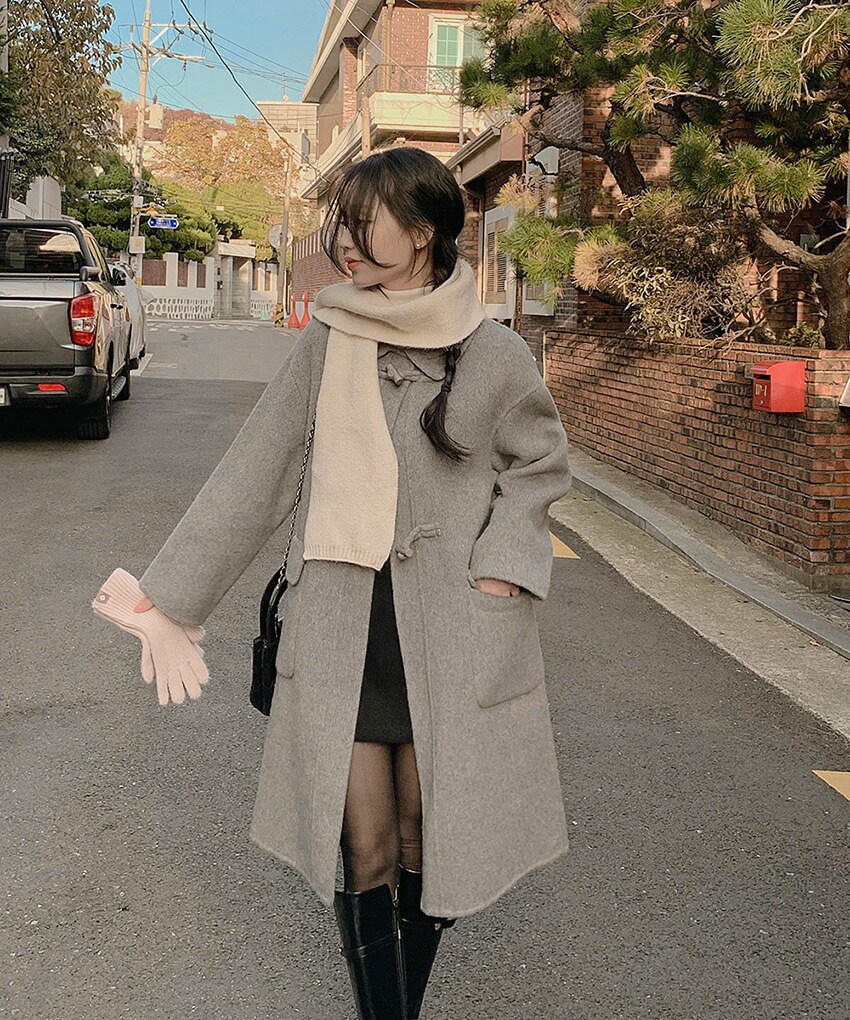 [メガ割りSALE]ウール混カラーネックルーズトグルボタンコート