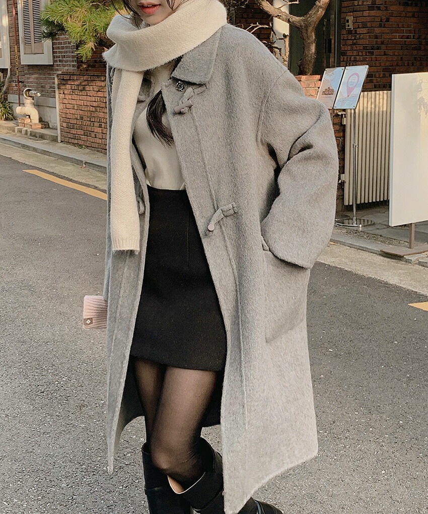 [メガ割りSALE]ウール混カラーネックルーズトグルボタンコート