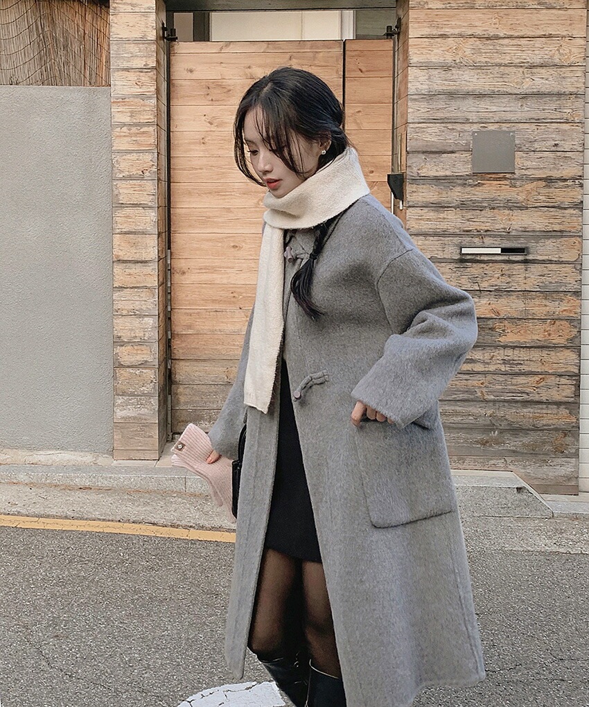 [メガ割りSALE]ウール混カラーネックルーズトグルボタンコート