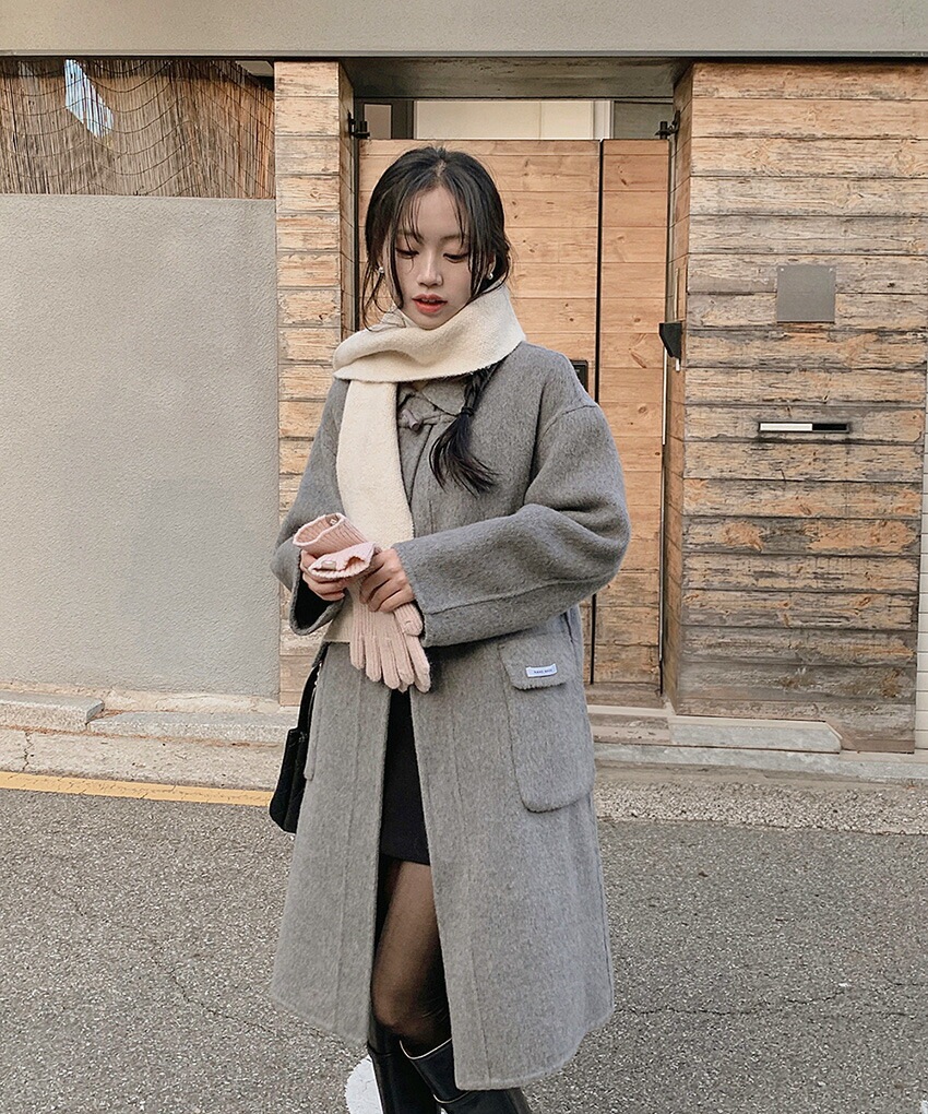 [メガ割りSALE]ウール混カラーネックルーズトグルボタンコート