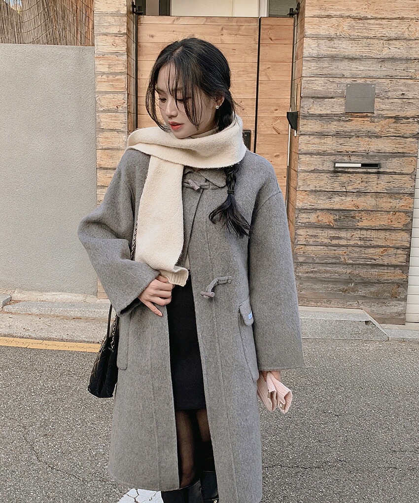 [メガ割りSALE]ウール混カラーネックルーズトグルボタンコート