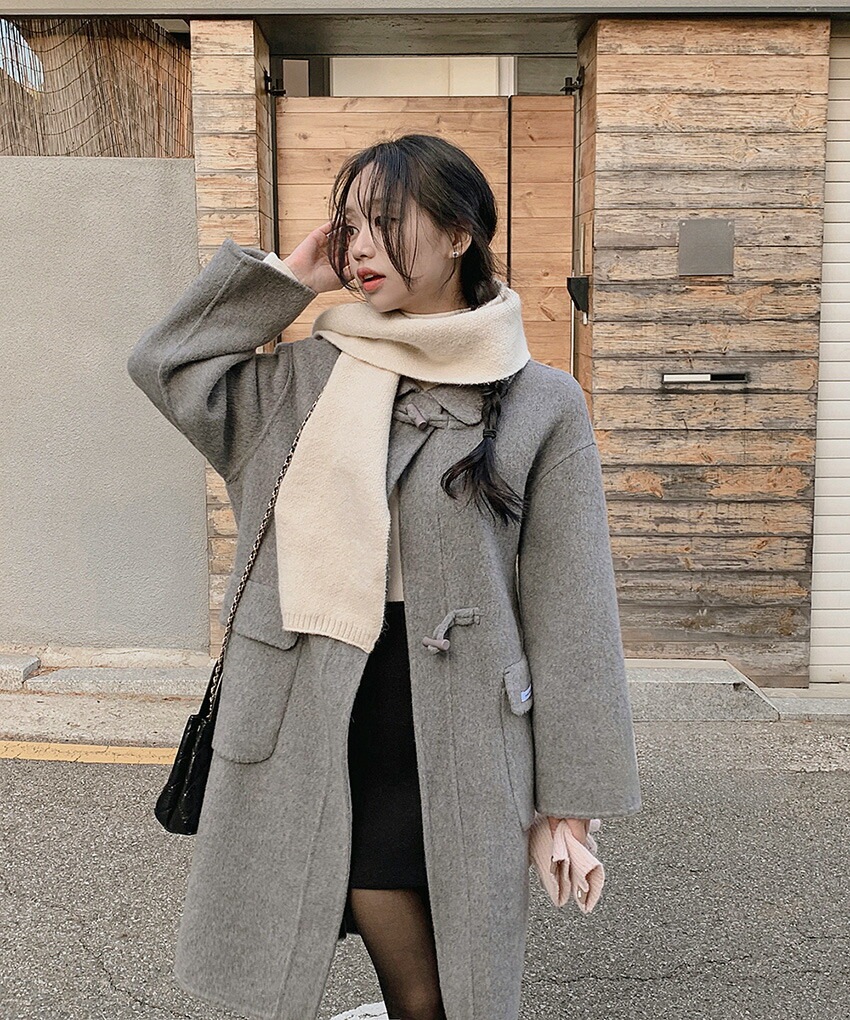 [メガ割りSALE]ウール混カラーネックルーズトグルボタンコート