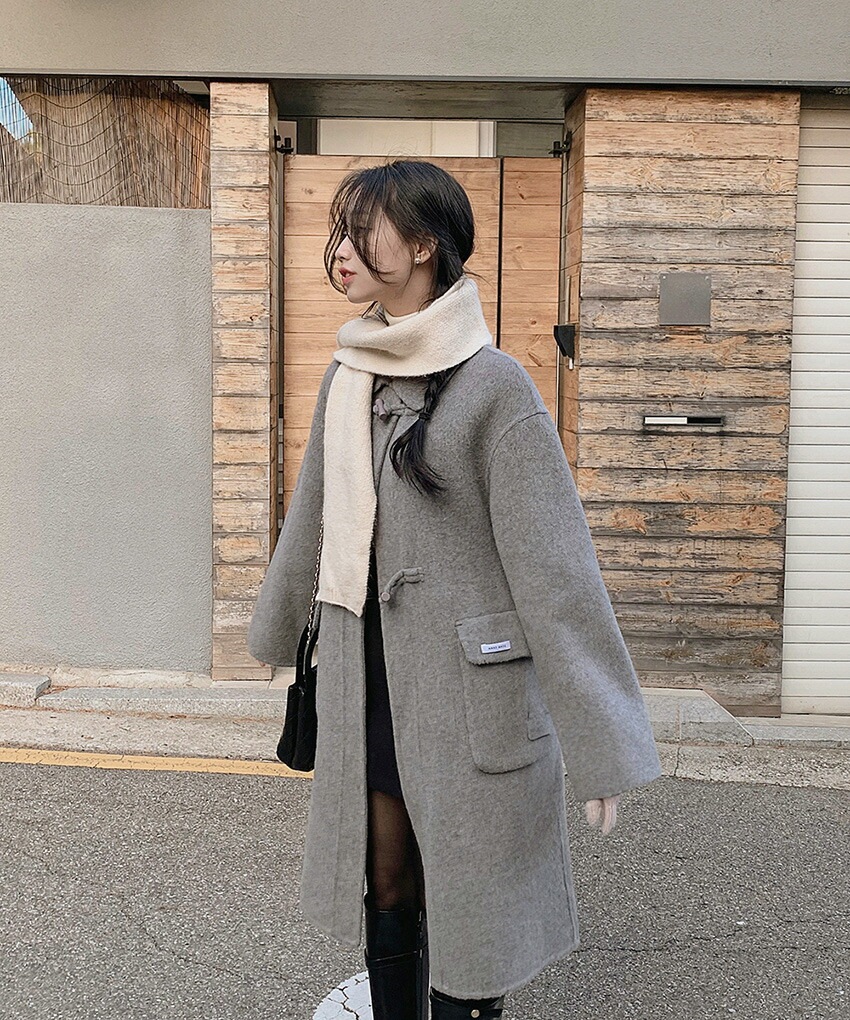 [メガ割りSALE]ウール混カラーネックルーズトグルボタンコート