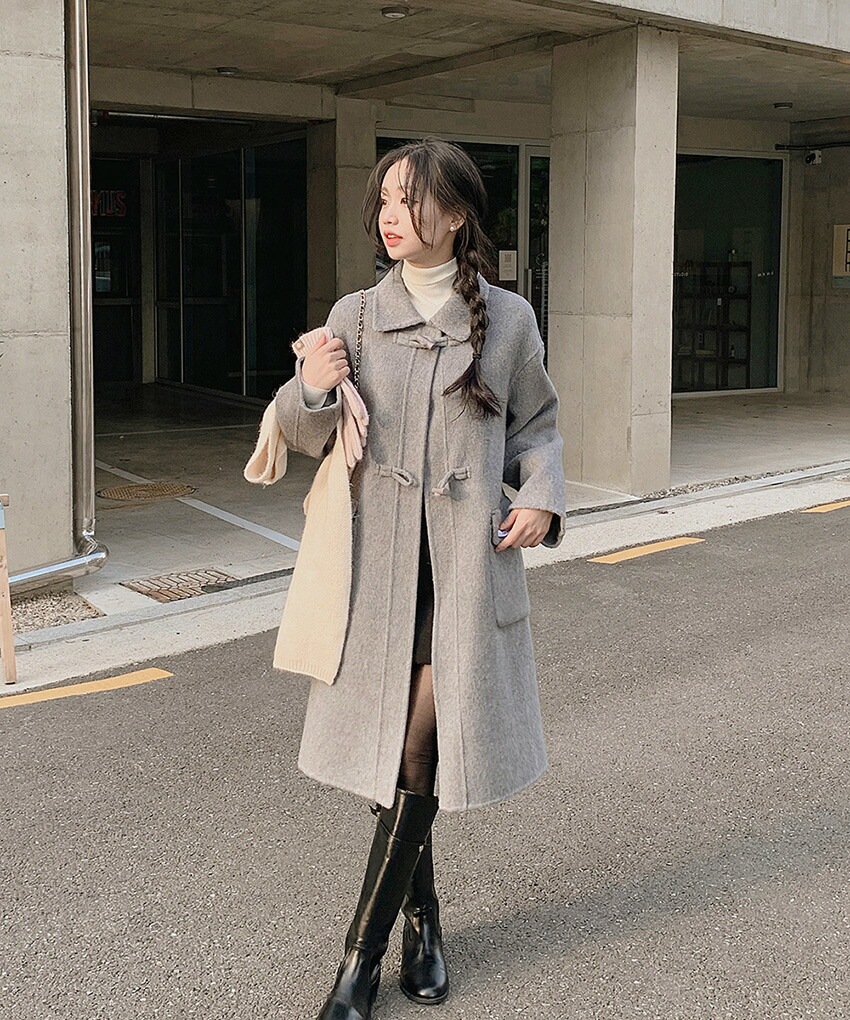 [メガ割りSALE]ウール混カラーネックルーズトグルボタンコート