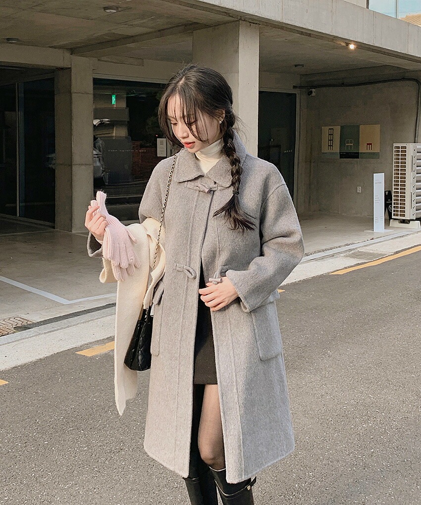 [メガ割りSALE]ウール混カラーネックルーズトグルボタンコート