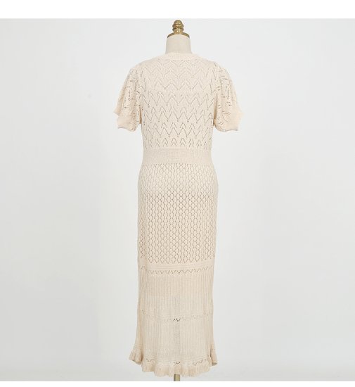 【取寄：納期2週間】ワンピース レディース マーメイド 透かし編み クロシェ編み 模様編み エレガント 半袖 夏 上品 きれいめカジュアル リゾート ミモレ丈 タイト ラウンドネック フリル裾 ひざ下