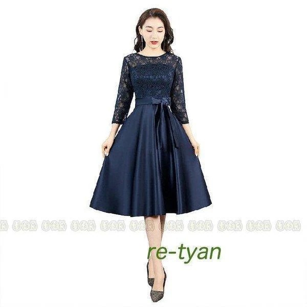 パーティードレスパーティードレス ワンピース Aライン ミモレ丈 膝下丈結婚式披露宴二次会 お呼ばれ レディース フォーマル春 秋花柄レース 袖あり リボン 成人式同窓会謝恩会