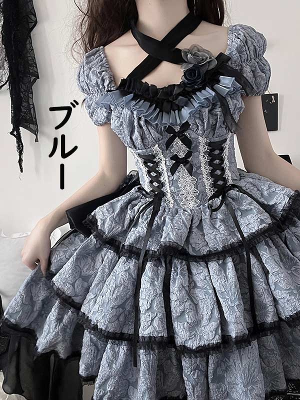 ロリータ ワンピース リボン Aライン ショット丈 ゆめかわ フリル 可愛い 萌え萌え 友達 姉妹 プレゼント レディース コスチューム 仮装 ハロウィン 学園祭 文化祭 お姫様 ロリー
