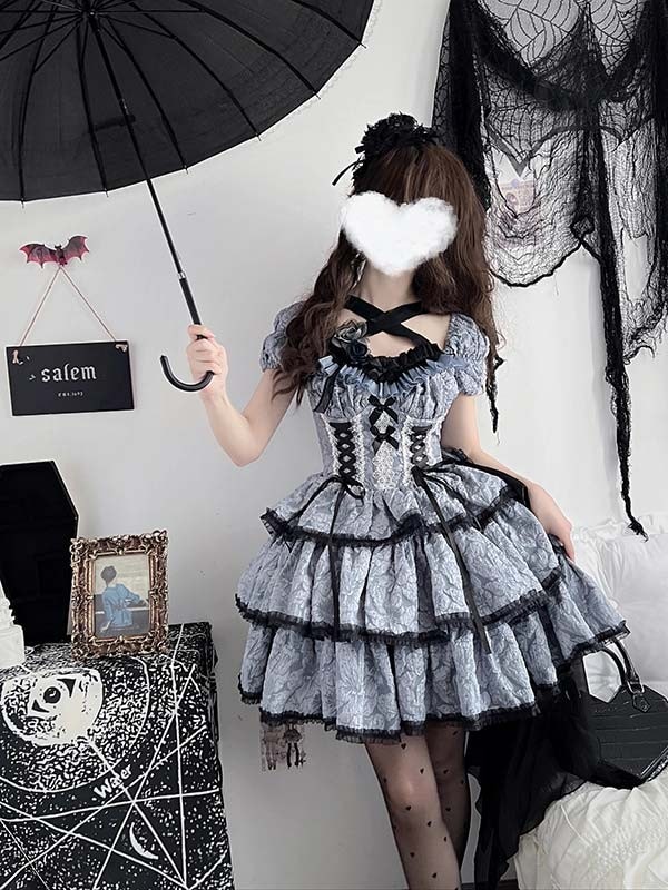 ロリータ ワンピース リボン Aライン ショット丈 ゆめかわ フリル 可愛い 萌え萌え 友達 姉妹 プレゼント レディース コスチューム 仮装 ハロウィン 学園祭 文化祭 お姫様 ロリー