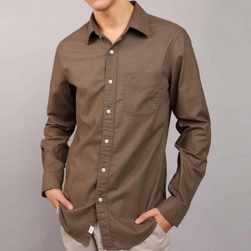 メンズ スリムフィット 長袖 オックスフォード シャツ ダークブラウン メンズ スリムフィット 長袖 オックスフォード シャツ ダークブラウン