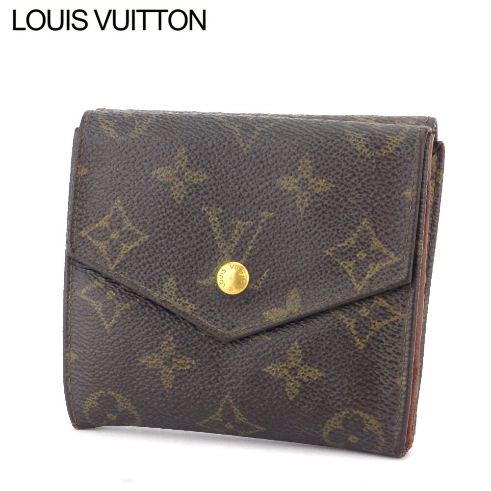 Wホック 財布 三つ折り モノグラム レディース メンズ ポルトモネビエ（旧タイプ） ブラウン ベージュ ゴールド 中古