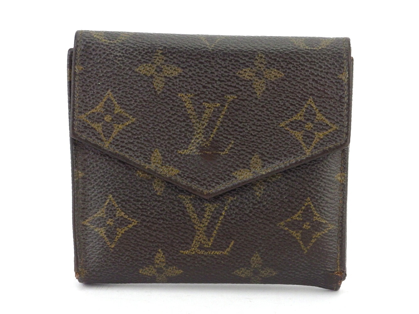 Wホック 財布 三つ折り モノグラム レディース メンズ ポルトモネビエ（旧タイプ） ブラウン ベージュ ゴールド 中古