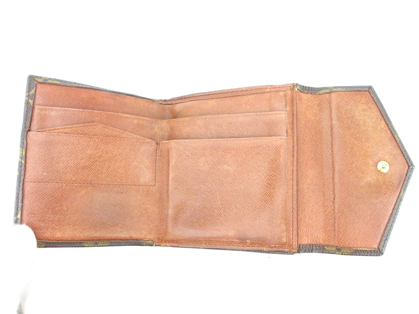 Wホック 財布 三つ折り モノグラム レディース メンズ ポルトモネビエ（旧タイプ） ブラウン ベージュ ゴールド 中古