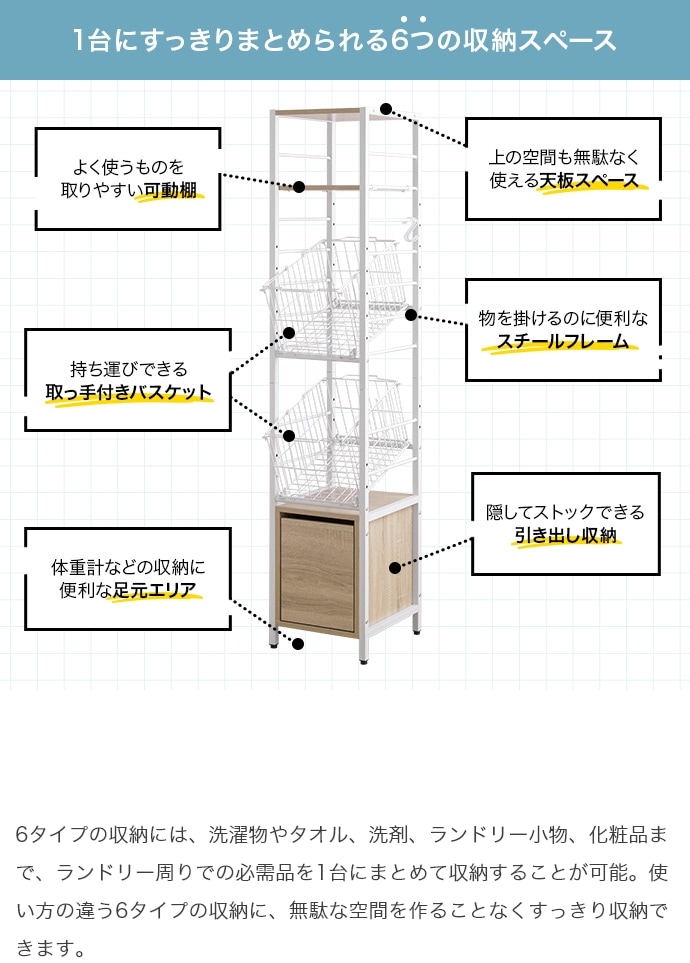 ランドリーバスケット 幅32cm すきま収納 ラック 高さ162cmタイプ 引き出し付き 脱衣所 ランドリーバスケット 幅32cm すきま収納 ラック 高さ162cmタイプ 引き出し付き 脱衣所
