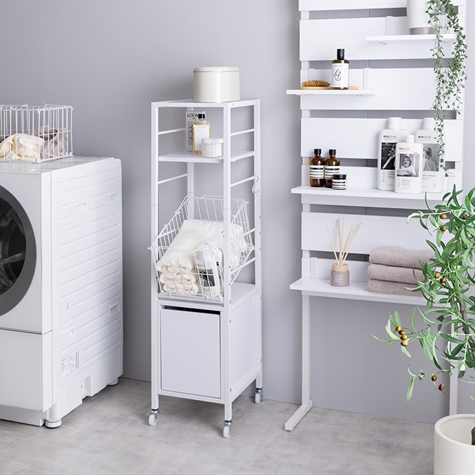 ランドリーバスケット 幅32cm すきま収納 ラック 高さ162cmタイプ 引き出し付き 脱衣所 ランドリーバスケット 幅32cm すきま収納 ラック 高さ162cmタイプ 引き出し付き 脱衣所
