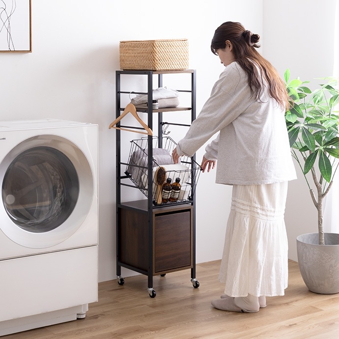 ランドリーバスケット 幅32cm すきま収納 ラック 高さ162cmタイプ 引き出し付き 脱衣所 ランドリーバスケット 幅32cm すきま収納 ラック 高さ162cmタイプ 引き出し付き 脱衣所
