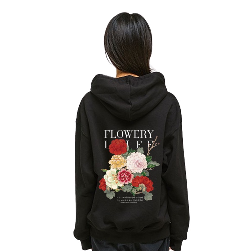 花のような人生フードTシャツブラック 花のような人生フードTシャツブラック
