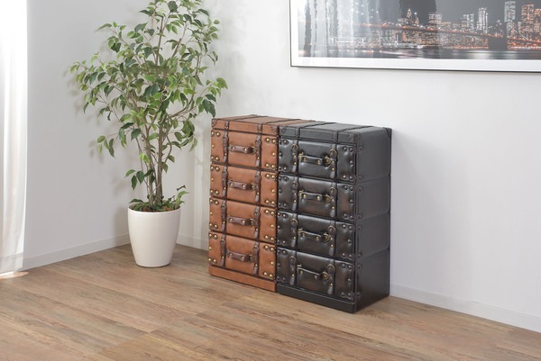 チェスト 4D IW-274 4段 収納 レザー トランク 鞄 おしゃれ タンス 箪笥 整理 家具 インテリア デザイン 雑貨 引き出し