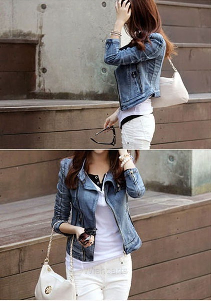 Sty Women'sヴィンテージファッションデニムジッパージーンジャケットブルーコートスリムアウターW_C Sty Women'sヴィンテージファッションデニムジッパージーンジャケットブルーコートスリムアウターW_C