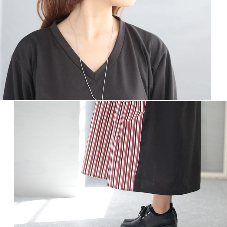 大きいサイズ レディース ワンピース 異素材ドッキングワンピース ワンピ ロングワンピース 長袖ワンピース ロング 長袖 ドッキング 異素材 ストライプ 柄 Vネック ストレッチ フレア 長そで 無地