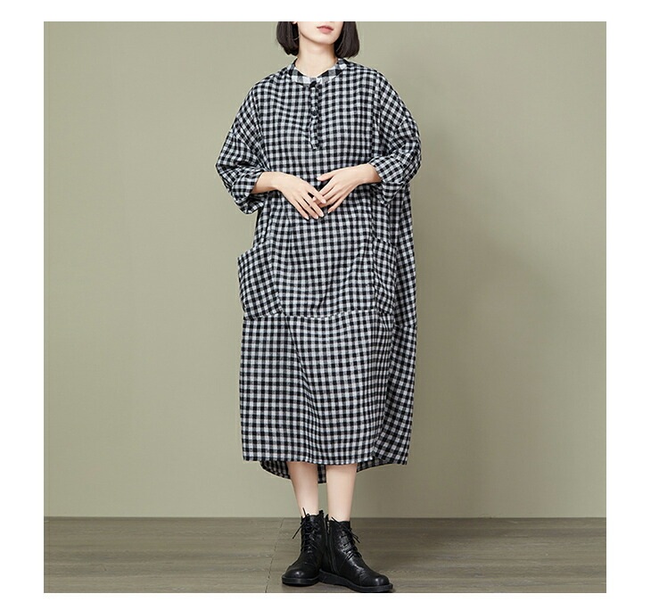 【在庫一掃】選べる2タイプ オーバーサイズ チェック柄 ワンピース バルーンシルエット ラウンドネック ロング 長袖 レディースファッション ゆったり 楽ちん 大きいサイズ カジュアル 体型カバー マ