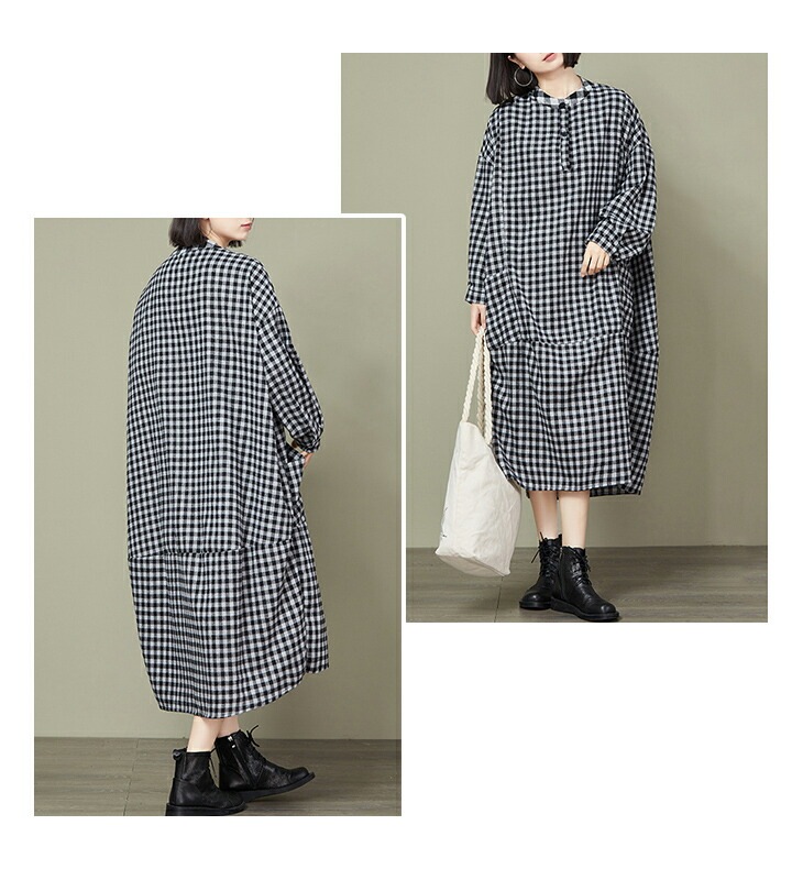 【在庫一掃】選べる2タイプ オーバーサイズ チェック柄 ワンピース バルーンシルエット ラウンドネック ロング 長袖 レディースファッション ゆったり 楽ちん 大きいサイズ カジュアル 体型カバー マ