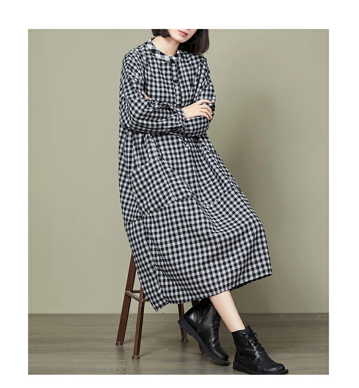 【在庫一掃】選べる2タイプ オーバーサイズ チェック柄 ワンピース バルーンシルエット ラウンドネック ロング 長袖 レディースファッション ゆったり 楽ちん 大きいサイズ カジュアル 体型カバー マ