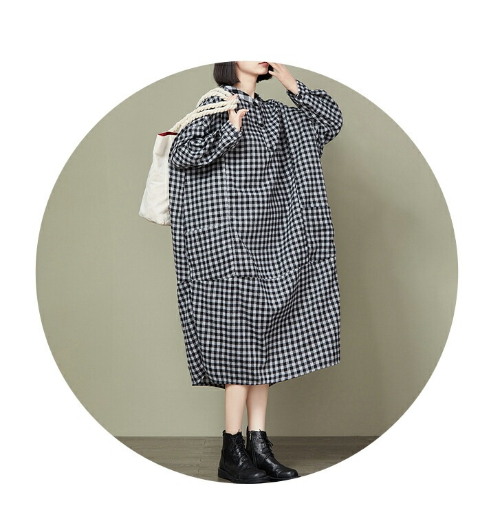 【在庫一掃】選べる2タイプ オーバーサイズ チェック柄 ワンピース バルーンシルエット ラウンドネック ロング 長袖 レディースファッション ゆったり 楽ちん 大きいサイズ カジュアル 体型カバー マ