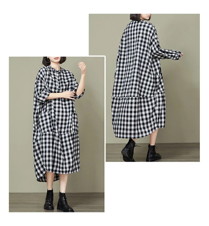 【在庫一掃】選べる2タイプ オーバーサイズ チェック柄 ワンピース バルーンシルエット ラウンドネック ロング 長袖 レディースファッション ゆったり 楽ちん 大きいサイズ カジュアル 体型カバー マ