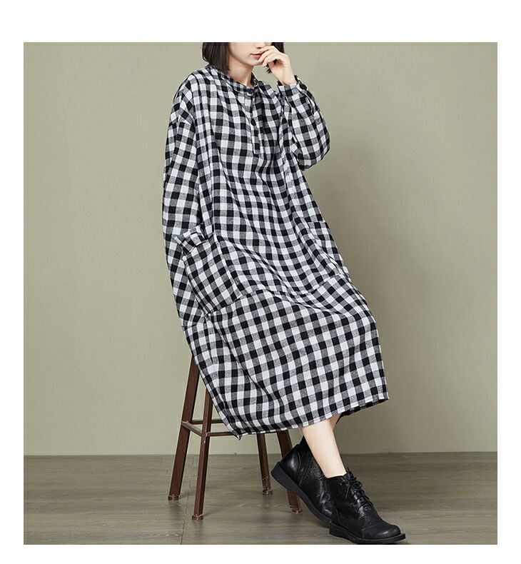 【在庫一掃】選べる2タイプ オーバーサイズ チェック柄 ワンピース バルーンシルエット ラウンドネック ロング 長袖 レディースファッション ゆったり 楽ちん 大きいサイズ カジュアル 体型カバー マ