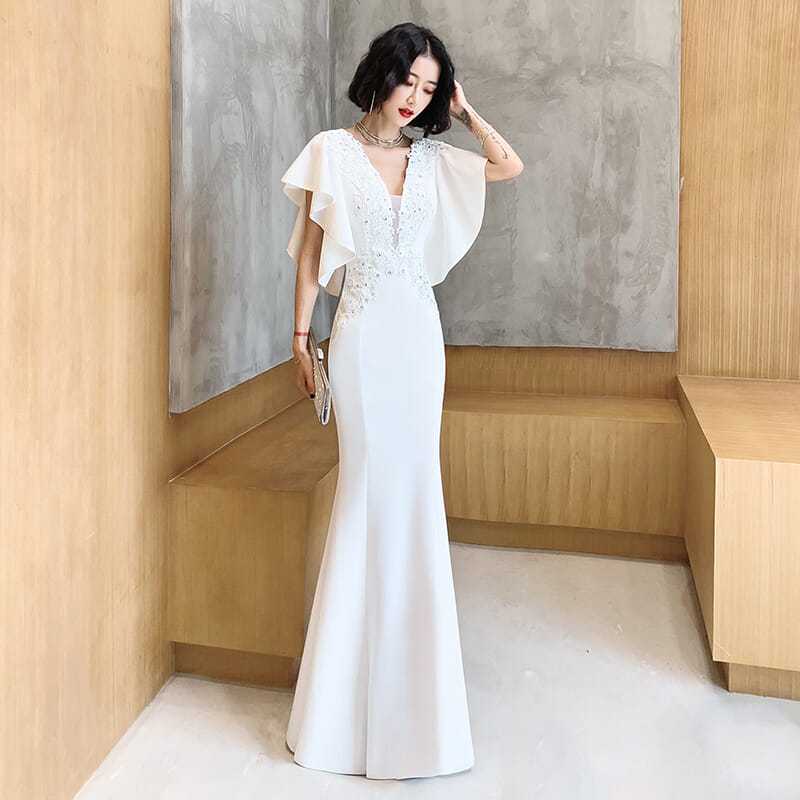 小さなイブニングドレス女性のテール宴会白気質サテンパフォーマンスロングスタイル 小さなイブニングドレス女性のテール宴会白気質サテンパフォーマンスロングスタイル