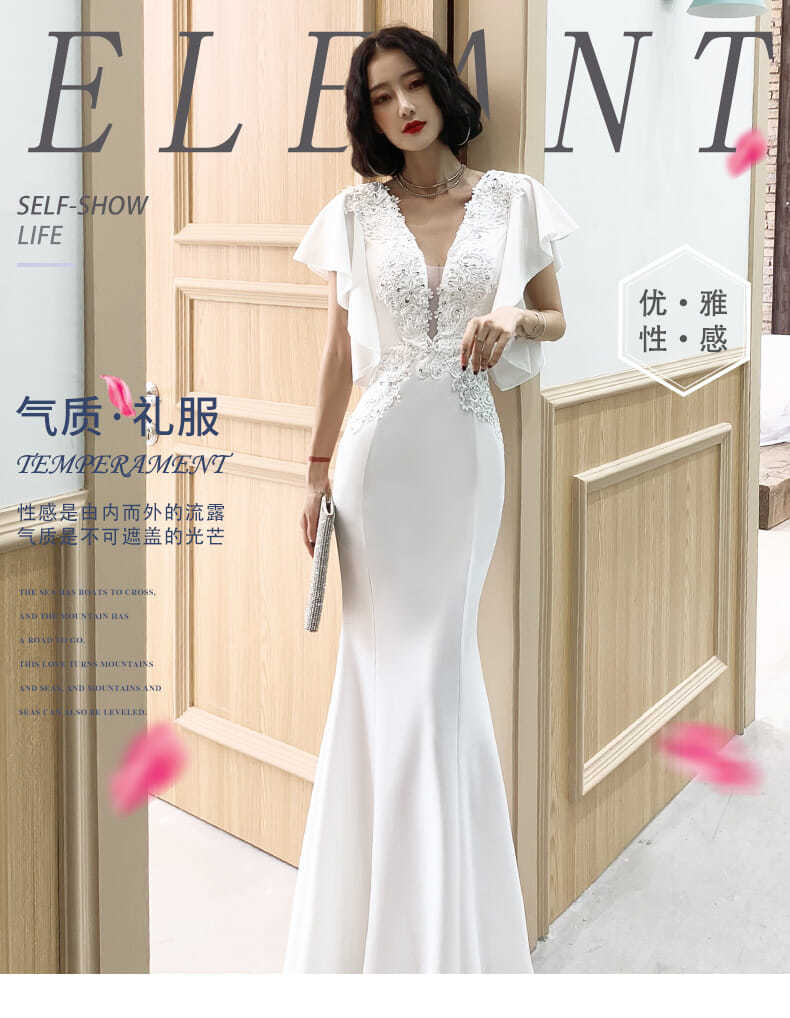 小さなイブニングドレス女性のテール宴会白気質サテンパフォーマンスロングスタイル 小さなイブニングドレス女性のテール宴会白気質サテンパフォーマンスロングスタイル