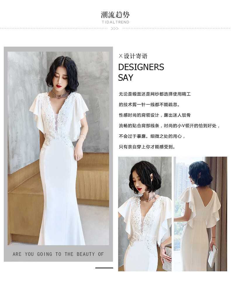 小さなイブニングドレス女性のテール宴会白気質サテンパフォーマンスロングスタイル 小さなイブニングドレス女性のテール宴会白気質サテンパフォーマンスロングスタイル