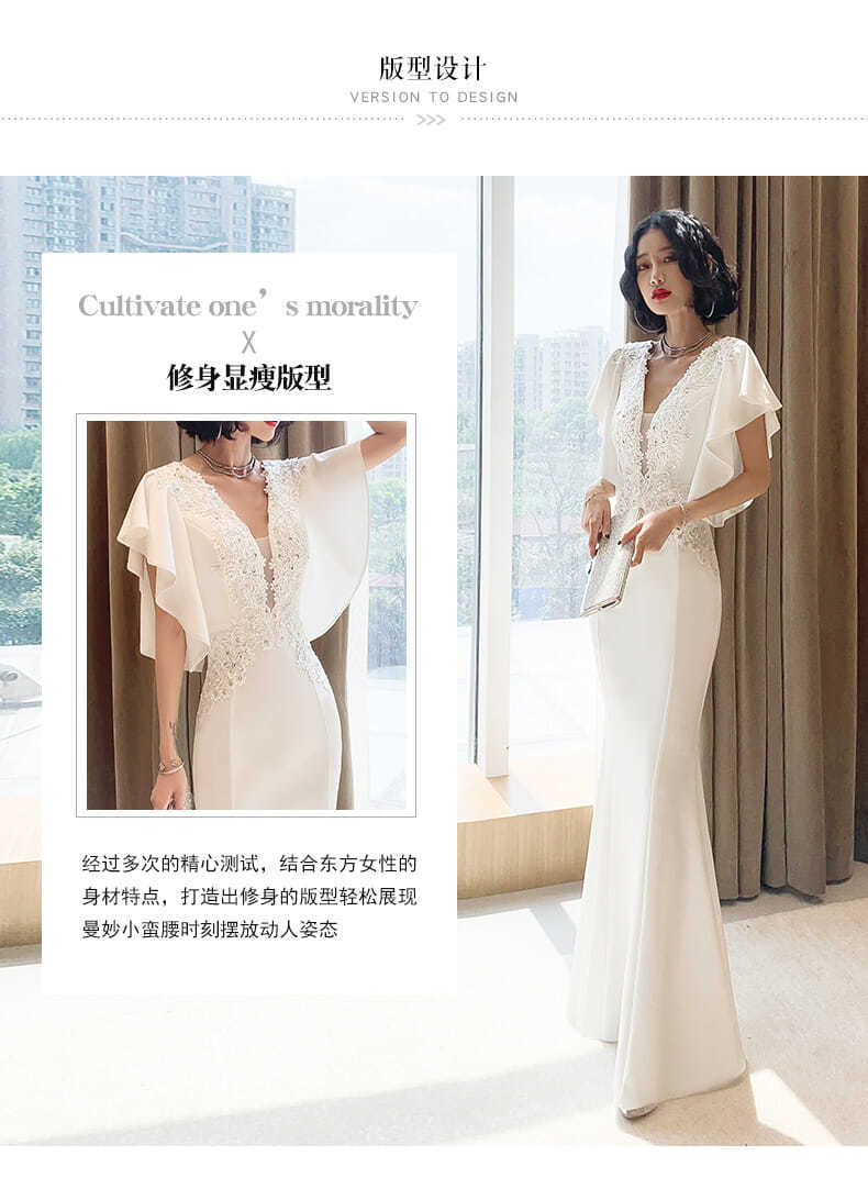 小さなイブニングドレス女性のテール宴会白気質サテンパフォーマンスロングスタイル 小さなイブニングドレス女性のテール宴会白気質サテンパフォーマンスロングスタイル