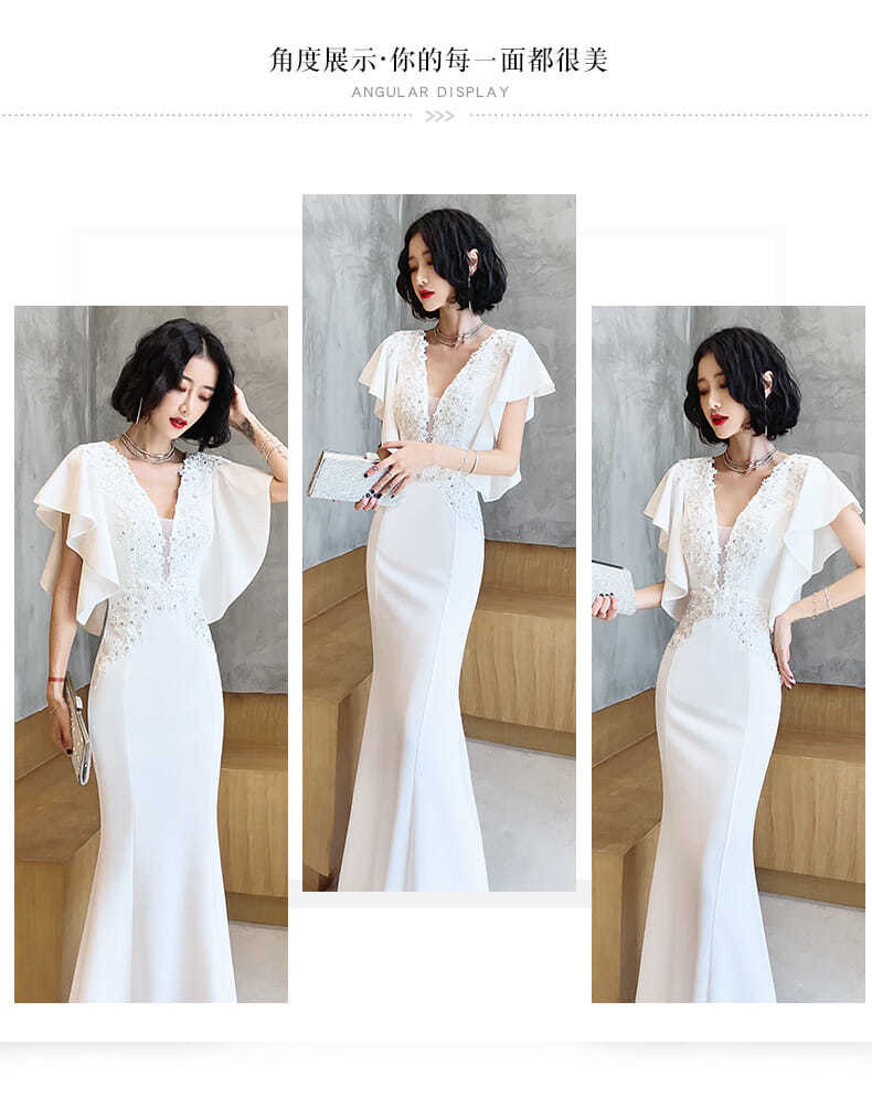 小さなイブニングドレス女性のテール宴会白気質サテンパフォーマンスロングスタイル 小さなイブニングドレス女性のテール宴会白気質サテンパフォーマンスロングスタイル