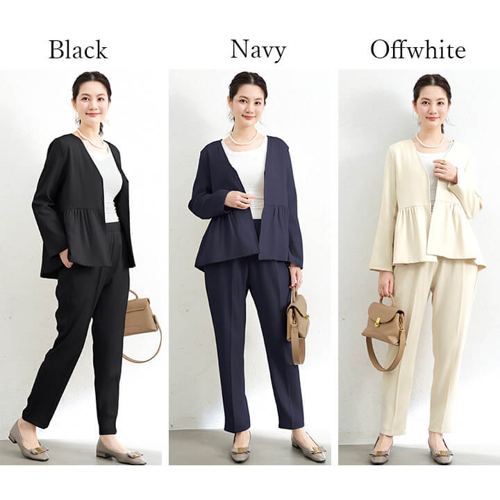 セットアップ レディース セレモニースーツ パンツスーツ ジャケット パンツドレス パーティードレス ノーカラージャケット ドレス パンツ スーツ ウエスト ゴム入り 長袖 結婚式 謝恩会 発表会 か