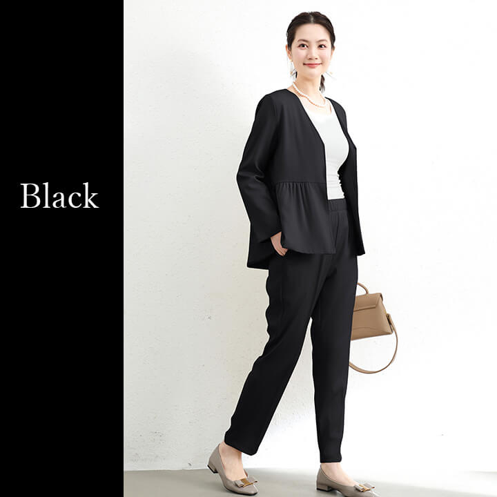 セットアップ レディース セレモニースーツ パンツスーツ ジャケット パンツドレス パーティードレス ノーカラージャケット ドレス パンツ スーツ ウエスト ゴム入り 長袖 結婚式 謝恩会 発表会 か