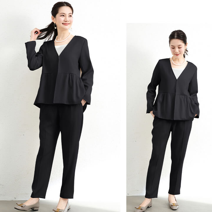 セットアップ レディース セレモニースーツ パンツスーツ ジャケット パンツドレス パーティードレス ノーカラージャケット ドレス パンツ スーツ ウエスト ゴム入り 長袖 結婚式 謝恩会 発表会 か