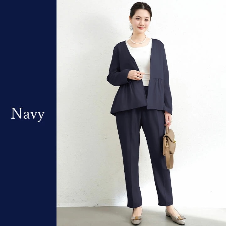 セットアップ レディース セレモニースーツ パンツスーツ ジャケット パンツドレス パーティードレス ノーカラージャケット ドレス パンツ スーツ ウエスト ゴム入り 長袖 結婚式 謝恩会 発表会 か