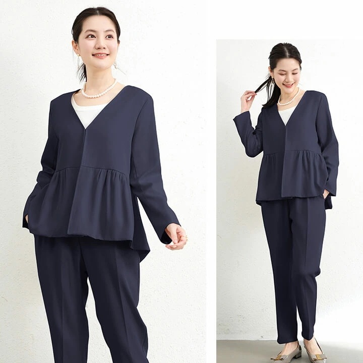 セットアップ レディース セレモニースーツ パンツスーツ ジャケット パンツドレス パーティードレス ノーカラージャケット ドレス パンツ スーツ ウエスト ゴム入り 長袖 結婚式 謝恩会 発表会 か