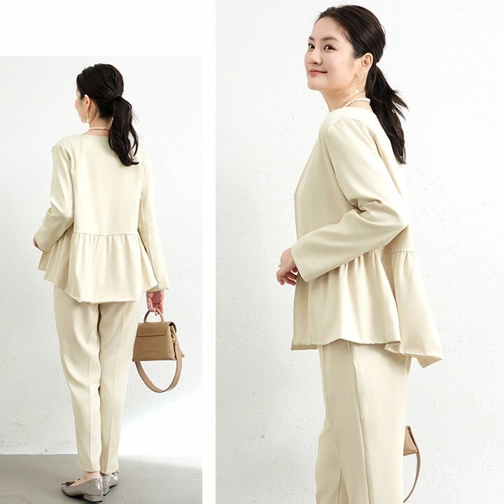 セットアップ レディース セレモニースーツ パンツスーツ ジャケット パンツドレス パーティードレス ノーカラージャケット ドレス パンツ スーツ ウエスト ゴム入り 長袖 結婚式 謝恩会 発表会 か