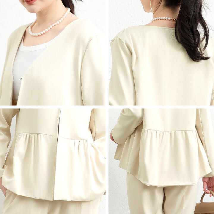 セットアップ レディース セレモニースーツ パンツスーツ ジャケット パンツドレス パーティードレス ノーカラージャケット ドレス パンツ スーツ ウエスト ゴム入り 長袖 結婚式 謝恩会 発表会 か