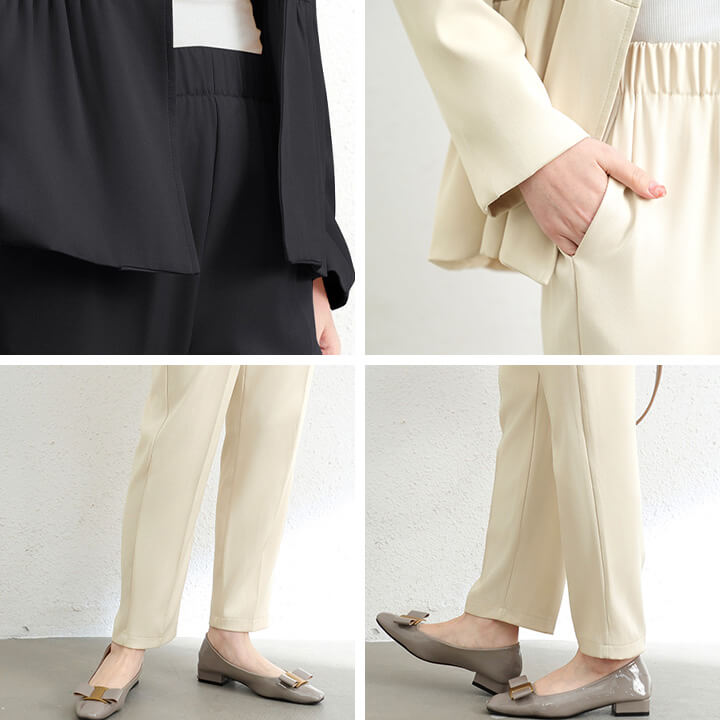 セットアップ レディース セレモニースーツ パンツスーツ ジャケット パンツドレス パーティードレス ノーカラージャケット ドレス パンツ スーツ ウエスト ゴム入り 長袖 結婚式 謝恩会 発表会 か