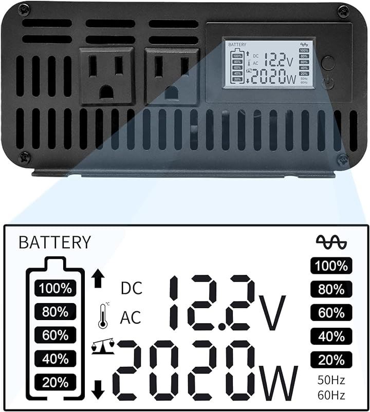 インバーター 正弦波 12V DC～110V AC ピーク 4000W LCD液晶ディスプレイ カーインバーター デュアルACソケット トラック/RV( ブラック, 2000W)