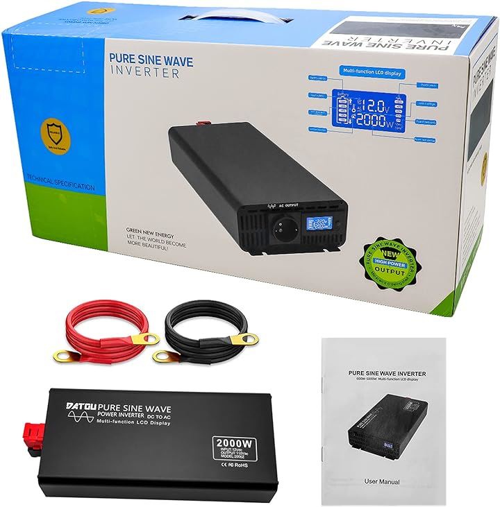 インバーター 正弦波 12V DC～110V AC ピーク 4000W LCD液晶ディスプレイ カーインバーター デュアルACソケット トラック/RV( ブラック, 2000W)