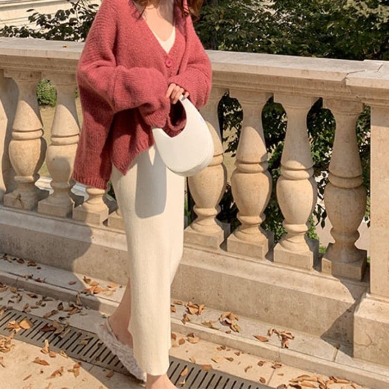 ２color ロングワンピース ニットワンピース キャミソール ニット Vネック