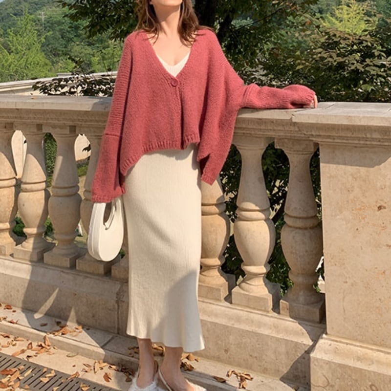 ２color ロングワンピース ニットワンピース キャミソール ニット Vネック